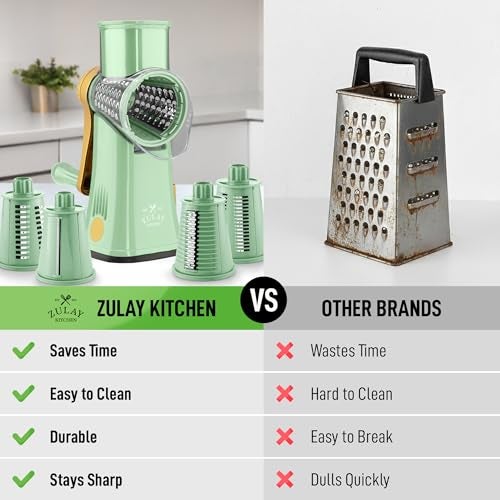 Zulay Kitchen Rotary Cheese Grater 5 Blade Cheese Shredder Manual Hand Crank Cheese Grater With Reinforced Suction 5 Interchangeable Drums Easy to Use Vegetable Chopper Round Mandoline Slicer - Image 3