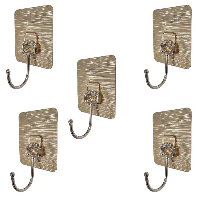 Printme Self Adhesive Wall Hooks Sticky Heavy Duty Utility Hook Reusable Wall Hangers for Home Kitchen Bathroom Bedroom Keys Bag Towels Golden Individual Pack of 5 - Image 1