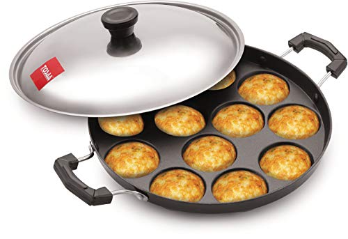TOSAA 12 Cavity Appam Patra Side Handle with Lid 23 cm Black