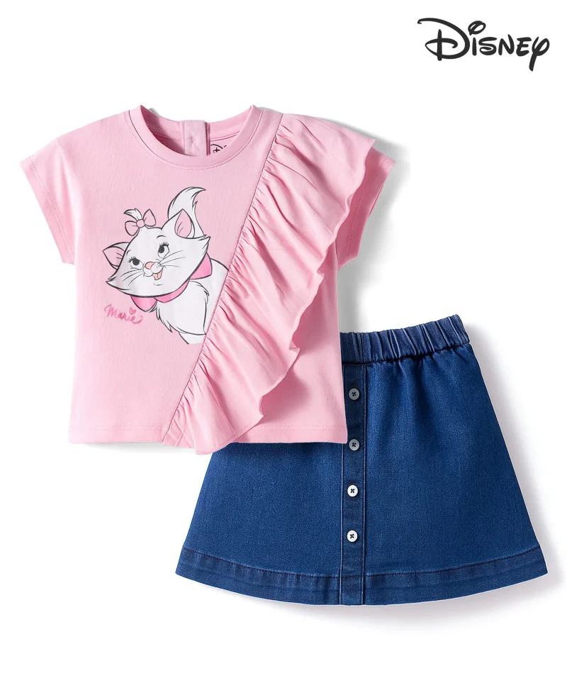 Babyhug Disney Babyhug Disney Single Jersey Knit Short Sleeves Top & Denim Skirt Set With Aristocrats Marie Graphics - Pink & Blue