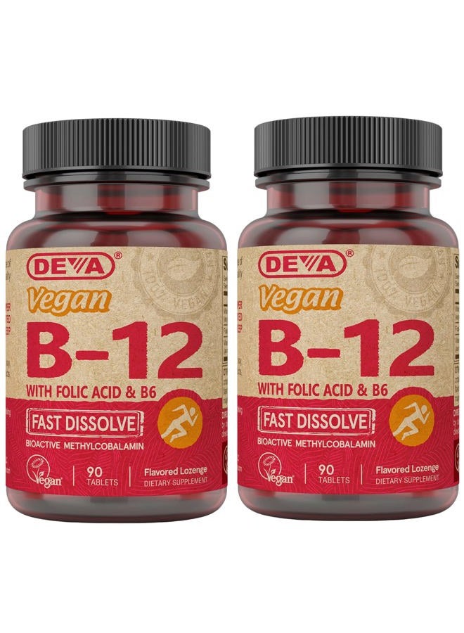 Deva Vegan Vitamins Vegan Vitamin B12 Fast Dissolve Supplement - Once-Per-Day Complex with 1000 Mcg Methylcobalamin B12, Folic Acid, B6 - Lemon Flavor - 90 Dissolvable Tablets, 2-Pack - Image 1