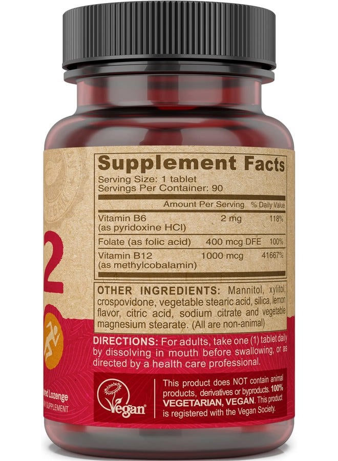 Deva Vegan Vitamins Vegan Vitamin B12 Fast Dissolve Supplement - Once-Per-Day Complex with 1000 Mcg Methylcobalamin B12, Folic Acid, B6 - Lemon Flavor - 90 Dissolvable Tablets, 2-Pack - Image 3