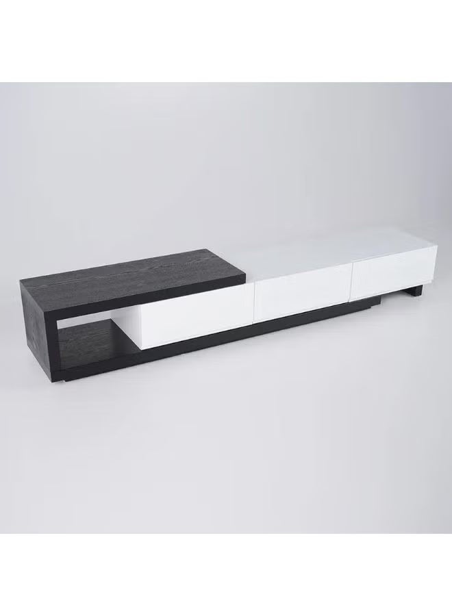 Al Zakharef Furniture Al Zakharef Occo Modern TV Unit Stand for TVs up to 75 Inches, 265cm Wide Entertainment Center with 3 Drawers & Open Shelf, MDF Wood, White & Black Finish – Living Room Media Console Table - Image 3