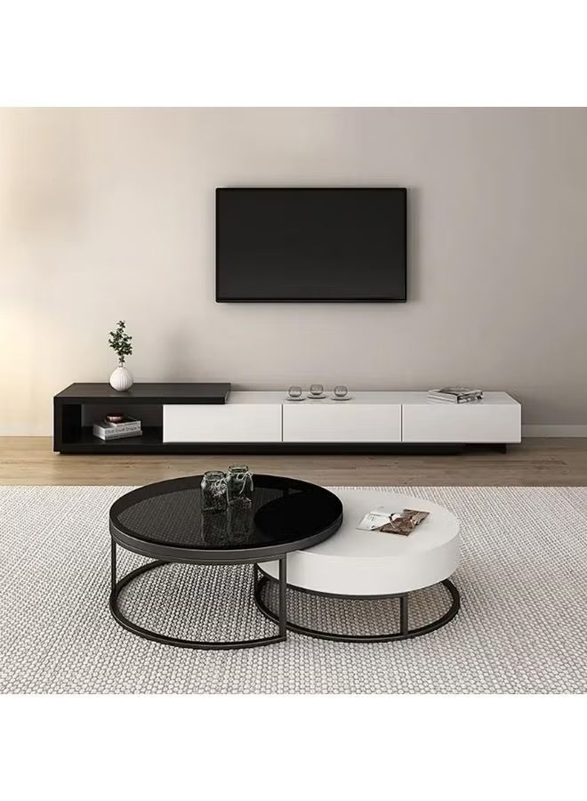 Al Zakharef Furniture Al Zakharef Occo Modern TV Unit Stand for TVs up to 75 Inches, 265cm Wide Entertainment Center with 3 Drawers & Open Shelf, MDF Wood, White & Black Finish – Living Room Media Console Table - Image 1