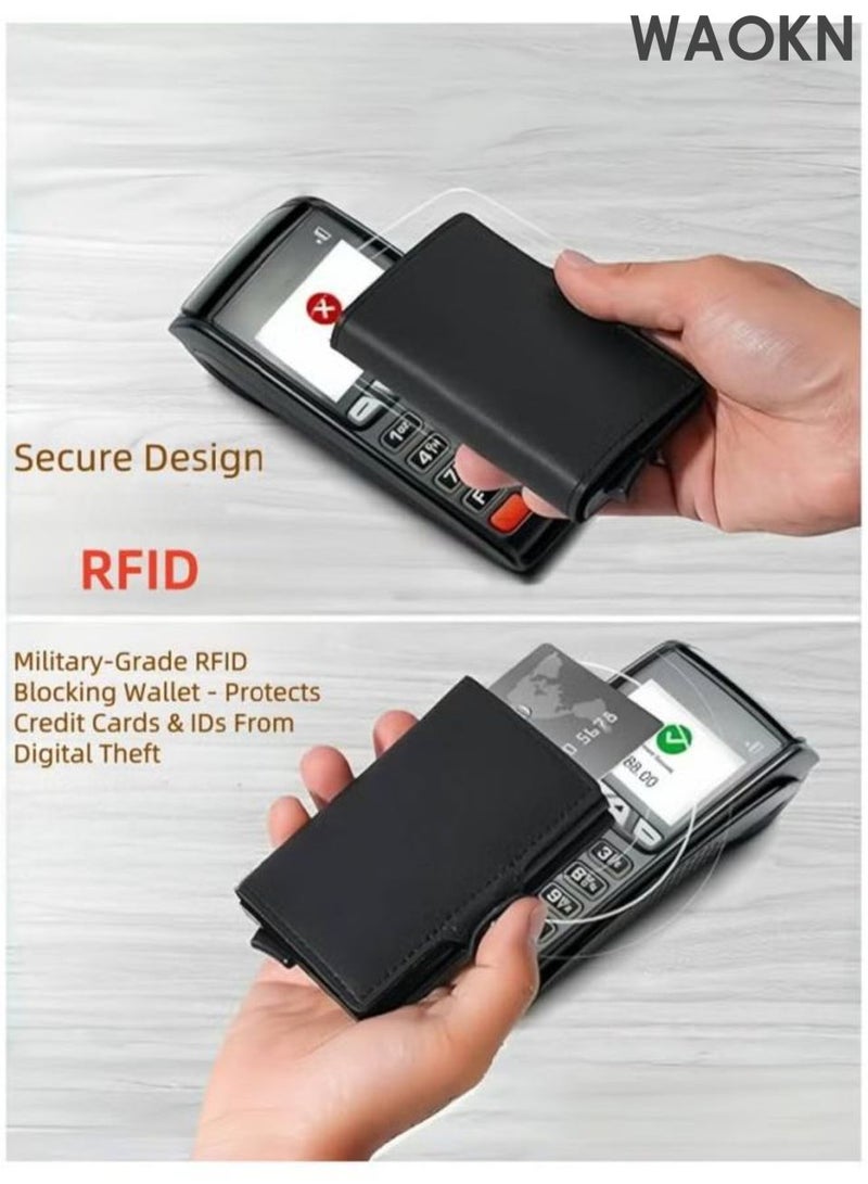 WAOKN Men's advanced tracking anti-theft wallet, made of leather material, with card slot holder, magnetic seal and coin pocket anti-theft credit card wallet, the ideal gift for men (black). - Image 4