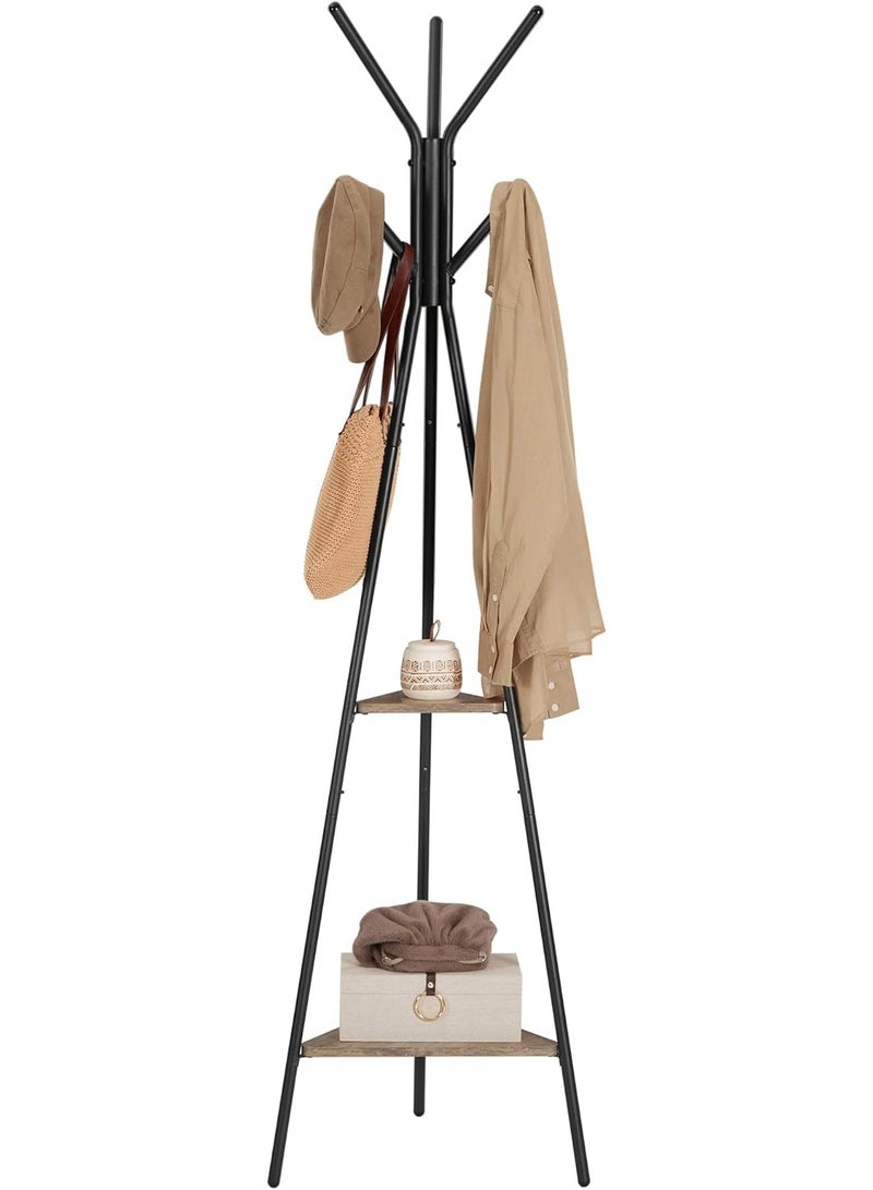 YelaJoy Three-Pronged Coat Rack Freestanding, Coat Hanger Stand, Hall Tree With 2 Shelves, For Clothes, Hat, Bag, Industrial Style, Rustic Brown And Black 180 Cm  - Image 1