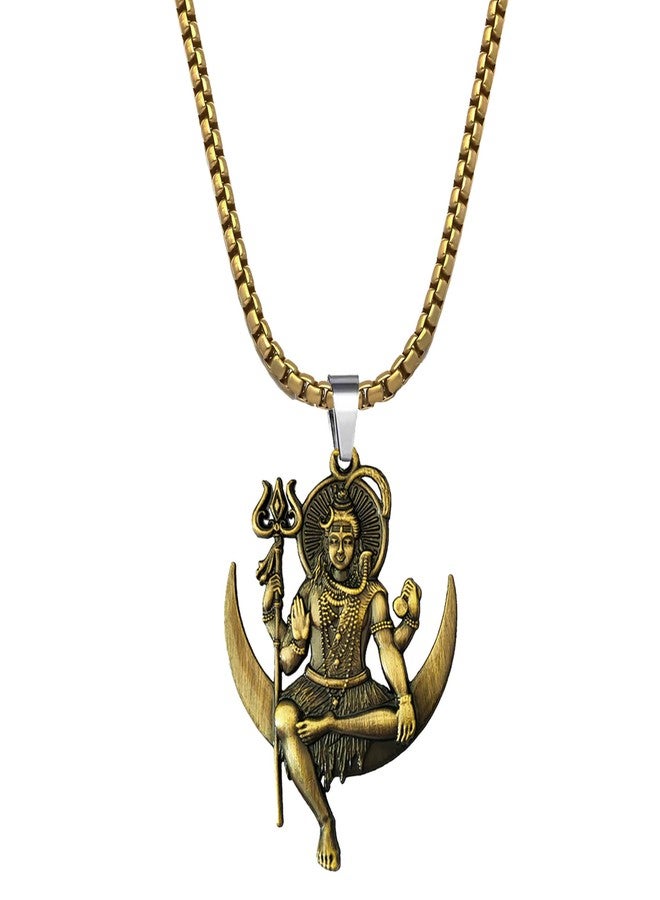 M Men Style Solid Brass Lord Shiva Pendant Necklace With 22 Inch Box Stainless Steel Chain - Hindu God Amulet for Protection & Devotion-Mahadev Amulet Jewelry for Men & Women-SPn2025246 - Image 1