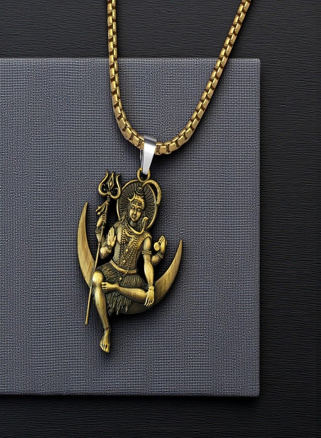 M Men Style Solid Brass Lord Shiva Pendant Necklace With 22 Inch Box Stainless Steel Chain - Hindu God Amulet for Protection & Devotion-Mahadev Amulet Jewelry for Men & Women-SPn2025246 - Image 4
