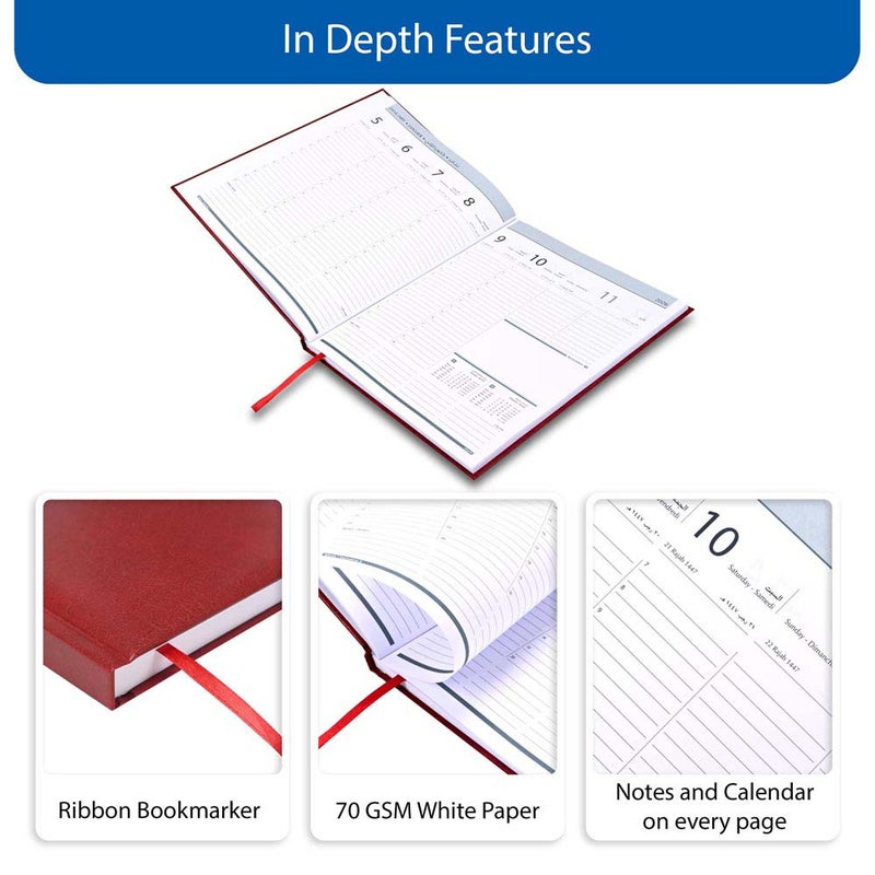 FIS 2026 Executive Diary, 210x260mm, 1 Side Padded Vinyl Cover, 1 Week at a Glance Format, Arabic/English/French, 70gsm White Paper, Maroon Cover-FSDI34AE26MR - Image 5
