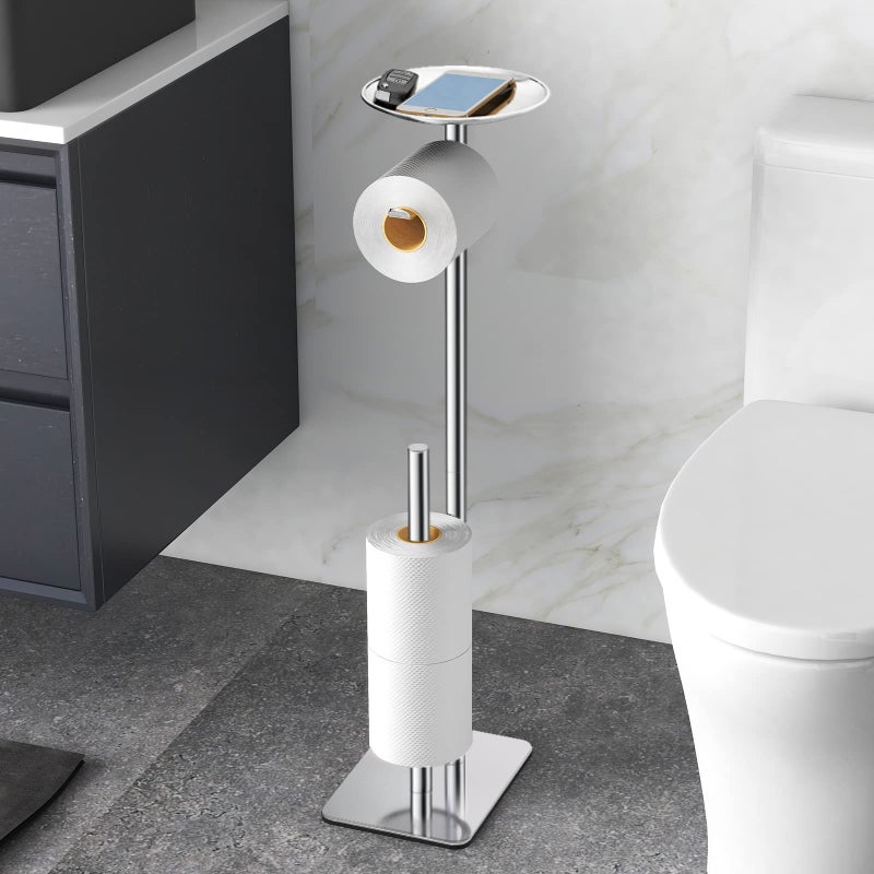 FEILERN FEILERN Toilet Paper Holder Stand for Bathroom Floor Standing Toilet Roll Dispenser Storages 4 Reserve Rolls with Top Storage Shelf for Cell Phones Wipe Wallet and MoreChrome 