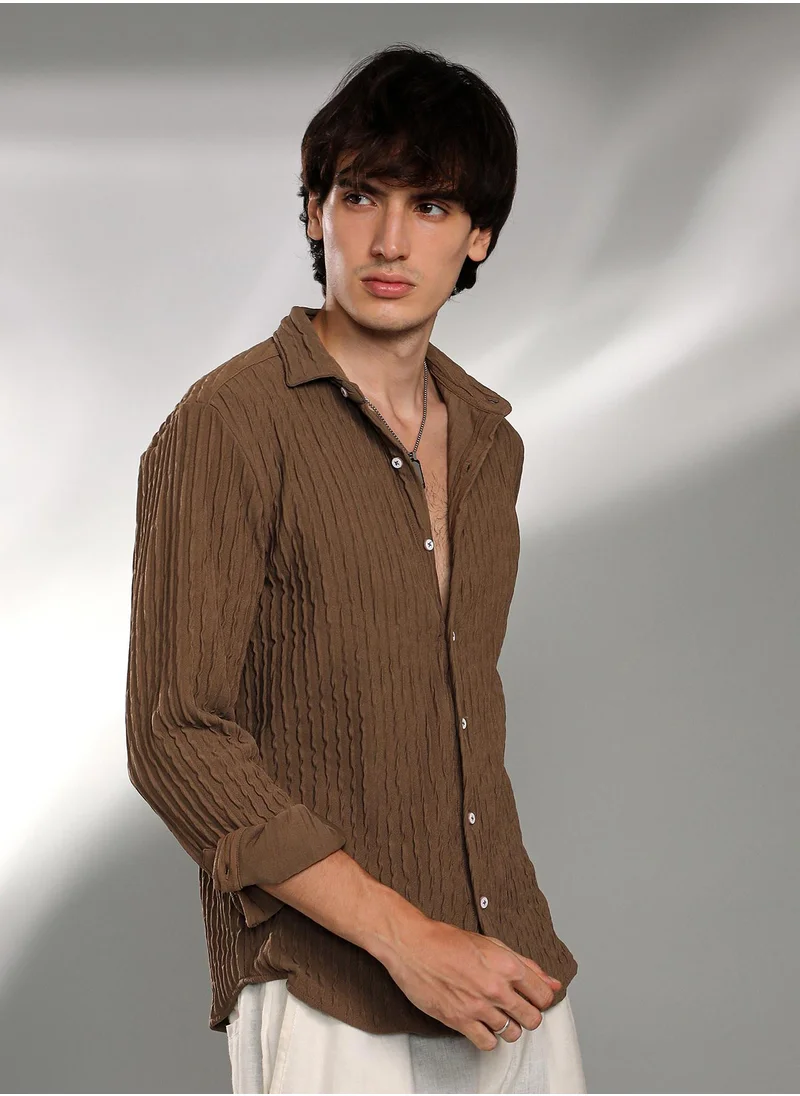 Campus Sutra Men's Chocolate Brown Crease-Stripe Textured Shirt