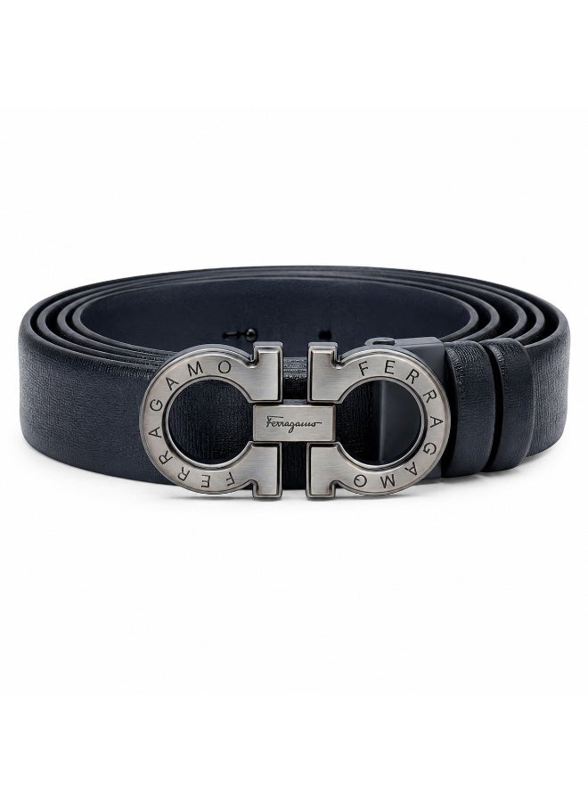 Ferragamo Men's Black Textured Leather Belt with Double Gancini Brushed Silver Buckle