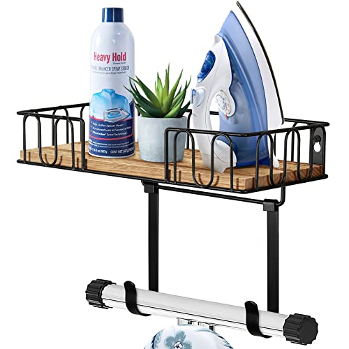TJMOREE Ironing Board Hanger Metal Wall Mount Iron and Ironing Board Holder Laundry Room Decor and Storage with Large Storage Black Wooden Base Basket and Removable Hooks
