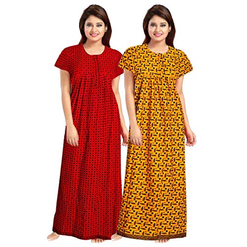 WiWi Nighty for Women Cotton Printed Maxi Gown Ankle Length Nighty Night Dress Gown for Women Maxi - Free Size (Pack of 2) Red & Yellow - Image 1
