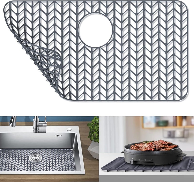 GUUKIN Sink Protectors for Kitchen Sink, 26''x 14'' Silicone Kitchen Sink Mat Grid for Bottom of Farmhouse Stainless Steel Porcelain Sink with Rear Drain (Grey) - Image 1