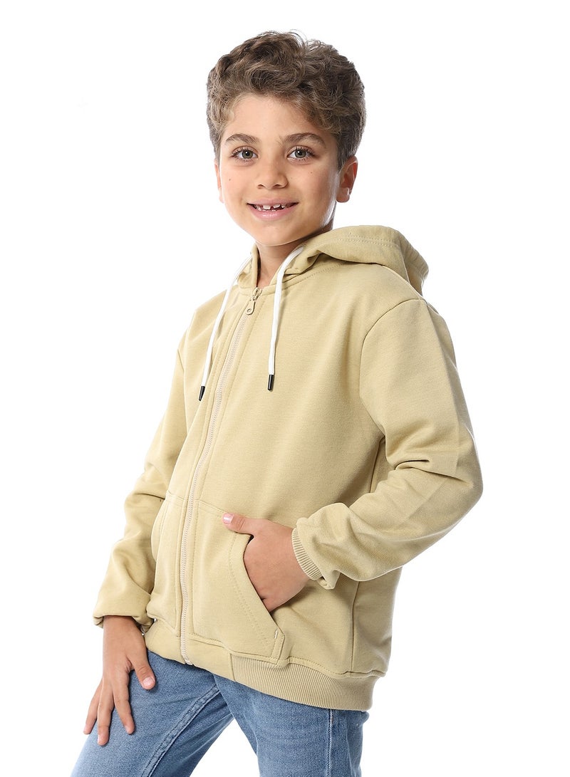 Andora Sand Beige Zipper Closure Fleeced Boys Sweatshirt_Beige - Image 2