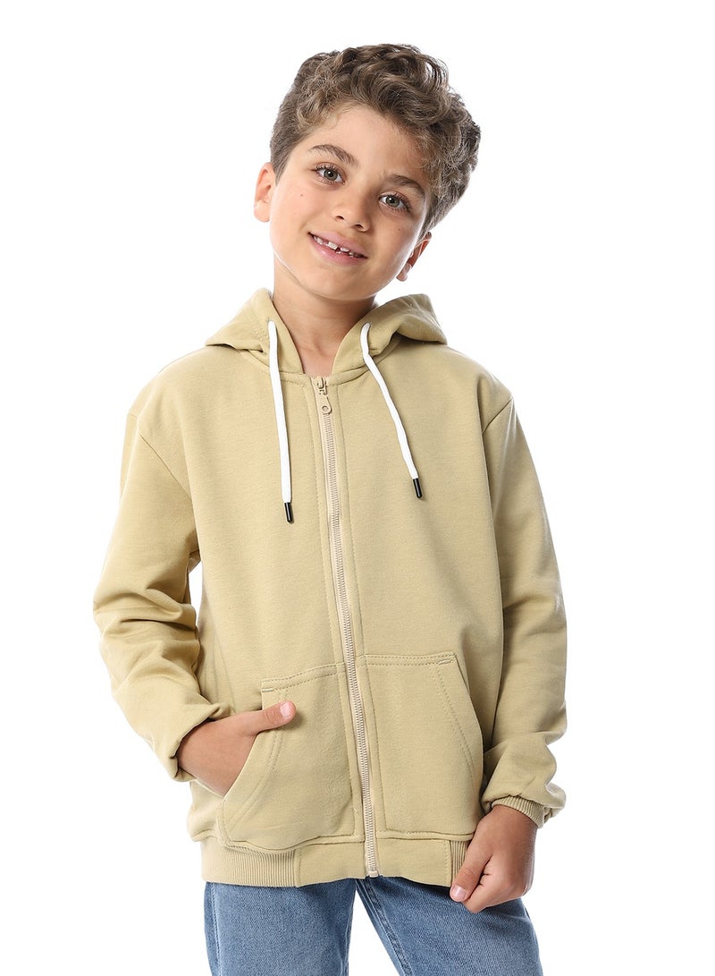 Andora Sand Beige Zipper Closure Fleeced Boys Sweatshirt_Beige - Image 1
