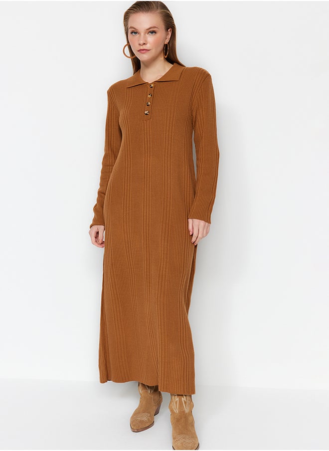 trendyol Camel Polo Neck Comfortable Ribbed Knitwear Dress TCTAW24EB00025  - Image 1