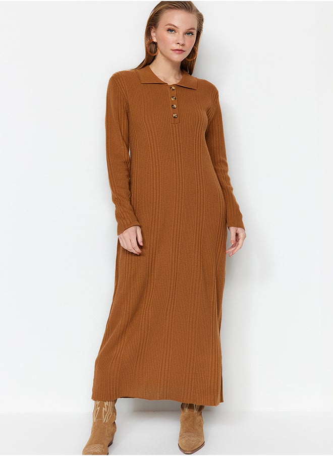 trendyol Camel Polo Neck Comfortable Ribbed Knitwear Dress TCTAW24EB00025  - Image 2