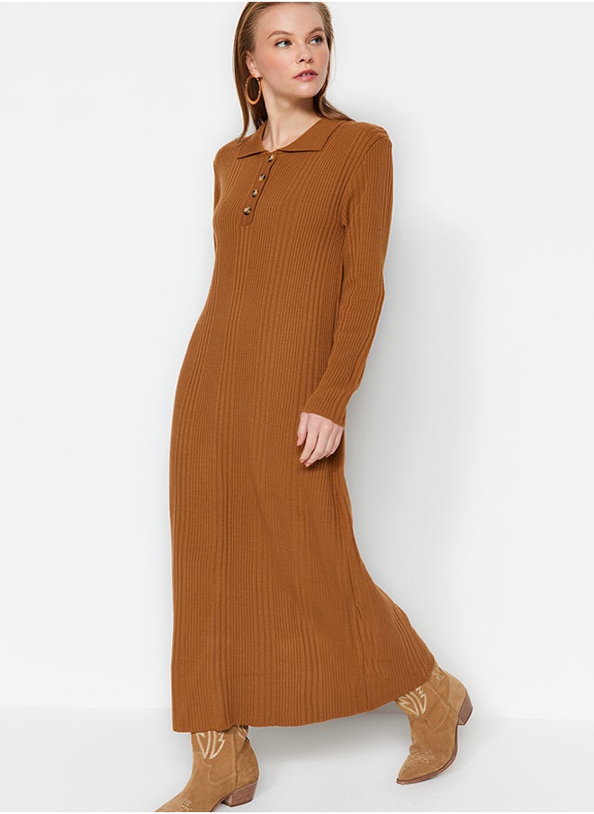 trendyol Camel Polo Neck Comfortable Ribbed Knitwear Dress TCTAW24EB00025  - Image 3