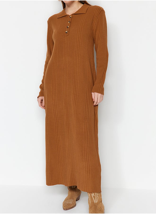 trendyol Camel Polo Neck Comfortable Ribbed Knitwear Dress TCTAW24EB00025  - Image 4