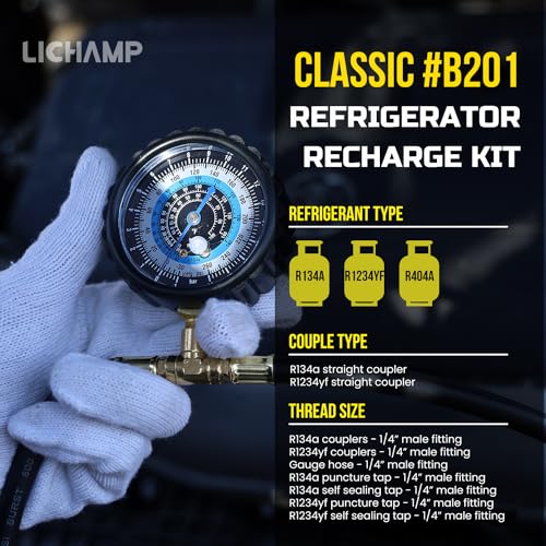 Lichamp R1234yf Refrigerant Recharge Kit, AC R134a 1234yf Gauge Set Include Adapters and Can Taps, B201 - Image 2