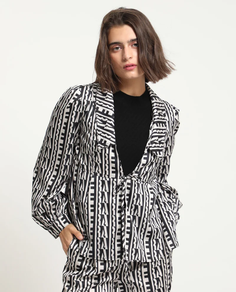 Rareism Women's Geometric Chic Collared Casual Top With Modern Print