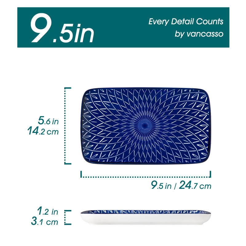 vancasso Selene 9.5 Inch Rectangular Dinner Plates Set of 6, Ceramic Salad Plates for Dessert, Appetizer, Porcelain Serving Platters for Entertaining, Microwave & Oven Safe, Vintage Blue & White Color - Image 3