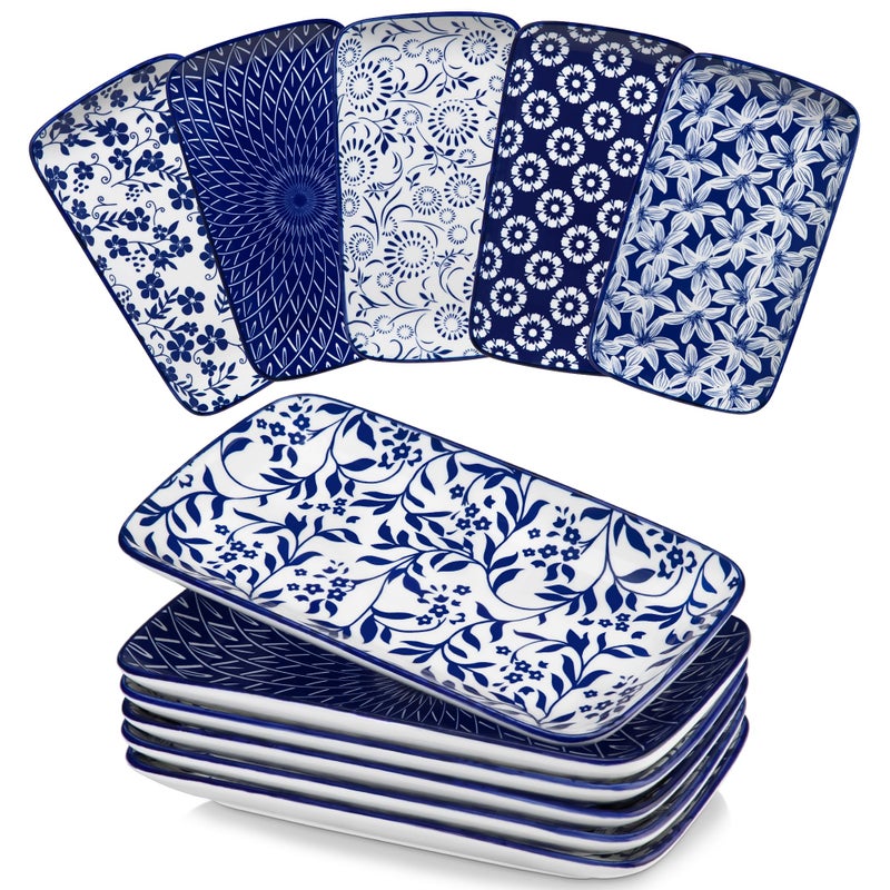 vancasso Selene 9.5 Inch Rectangular Dinner Plates Set of 6, Ceramic Salad Plates for Dessert, Appetizer, Porcelain Serving Platters for Entertaining, Microwave & Oven Safe, Vintage Blue & White Color - Image 1