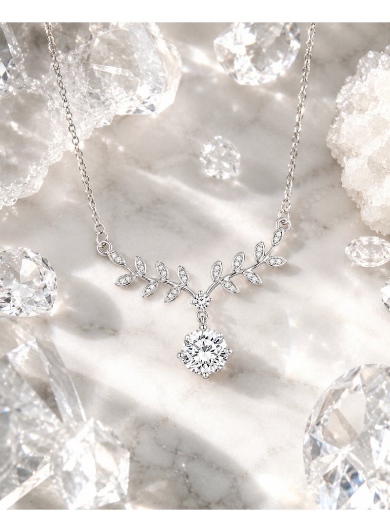 RAFAL Silver Branch Women's Silver-Tone Leaf Collar Necklace with Marquise Crystals and Round Drop - Image 2