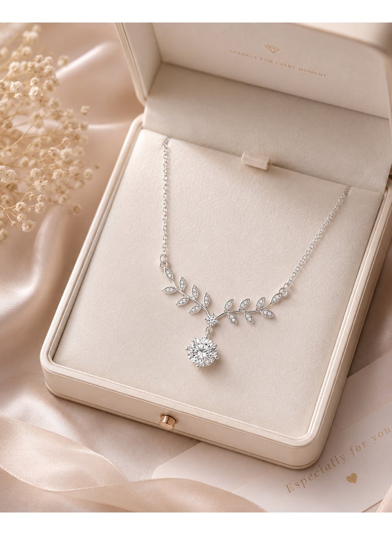 RAFAL Silver Branch Women's Silver-Tone Leaf Collar Necklace with Marquise Crystals and Round Drop - Image 4