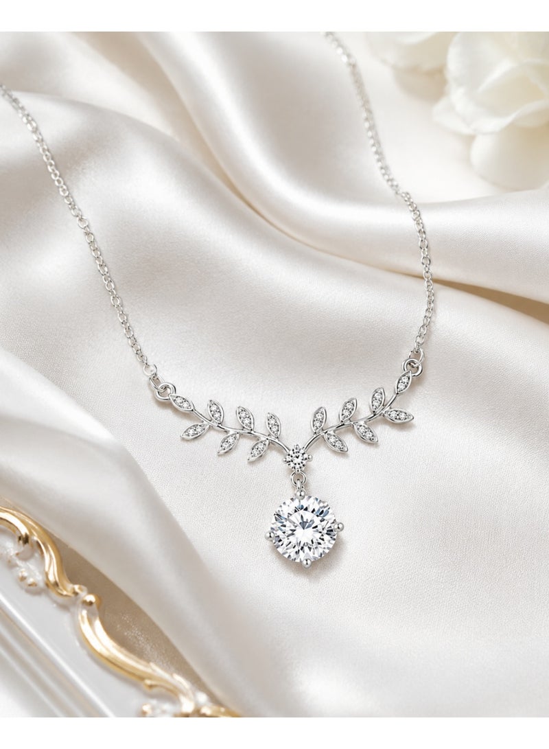 RAFAL Silver Branch Women's Silver-Tone Leaf Collar Necklace with Marquise Crystals and Round Drop - Image 3