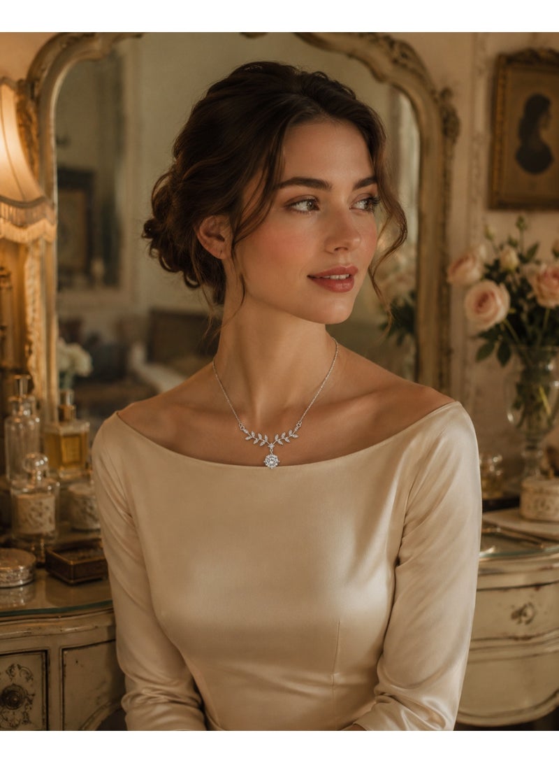 RAFAL Silver Branch Women's Silver-Tone Leaf Collar Necklace with Marquise Crystals and Round Drop - Image 5