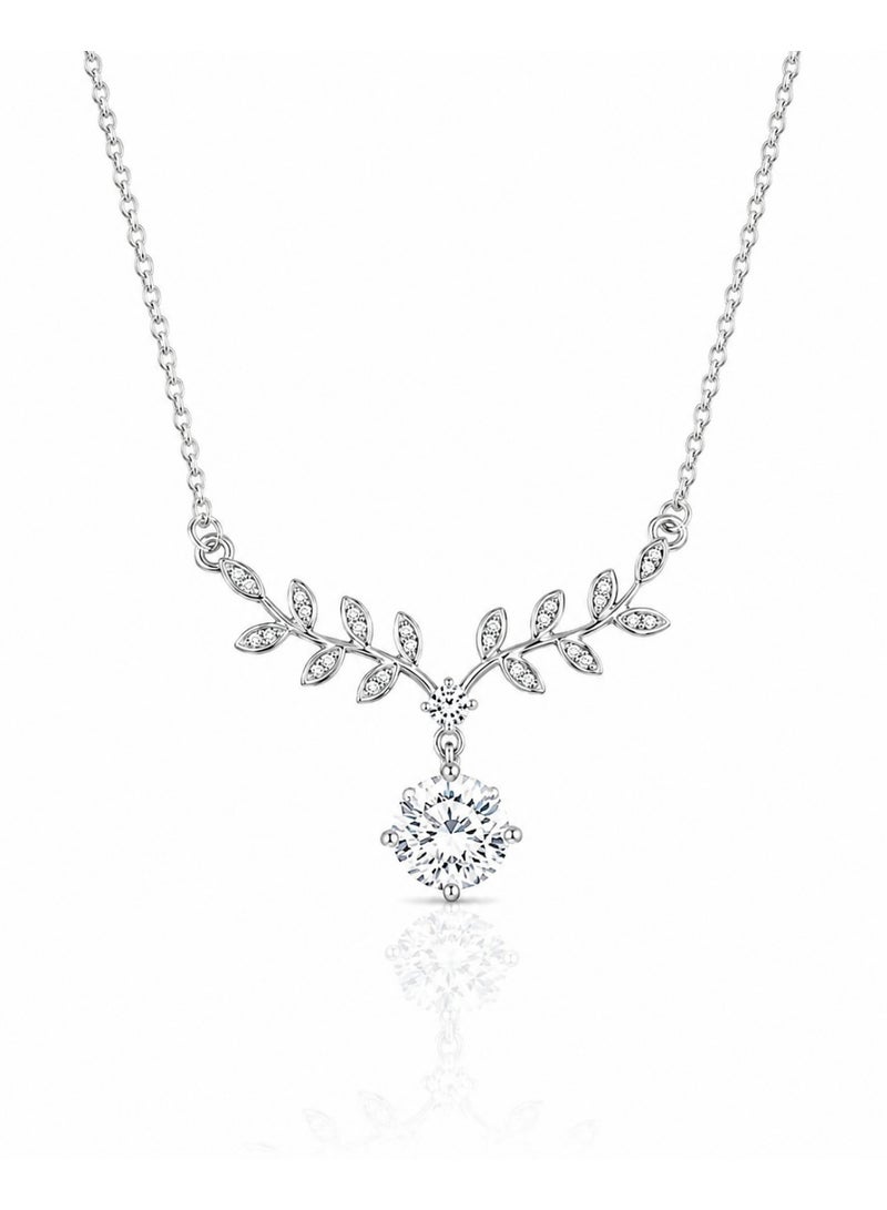 RAFAL Silver Branch Women's Silver-Tone Leaf Collar Necklace with Marquise Crystals and Round Drop - Image 1