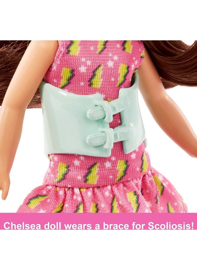 Barbie Chelsea Doll Small Doll With Brace For Scoliosis Spine Curvature Brunette Wearing Pink Lightning Bolt Dress  - Image 4