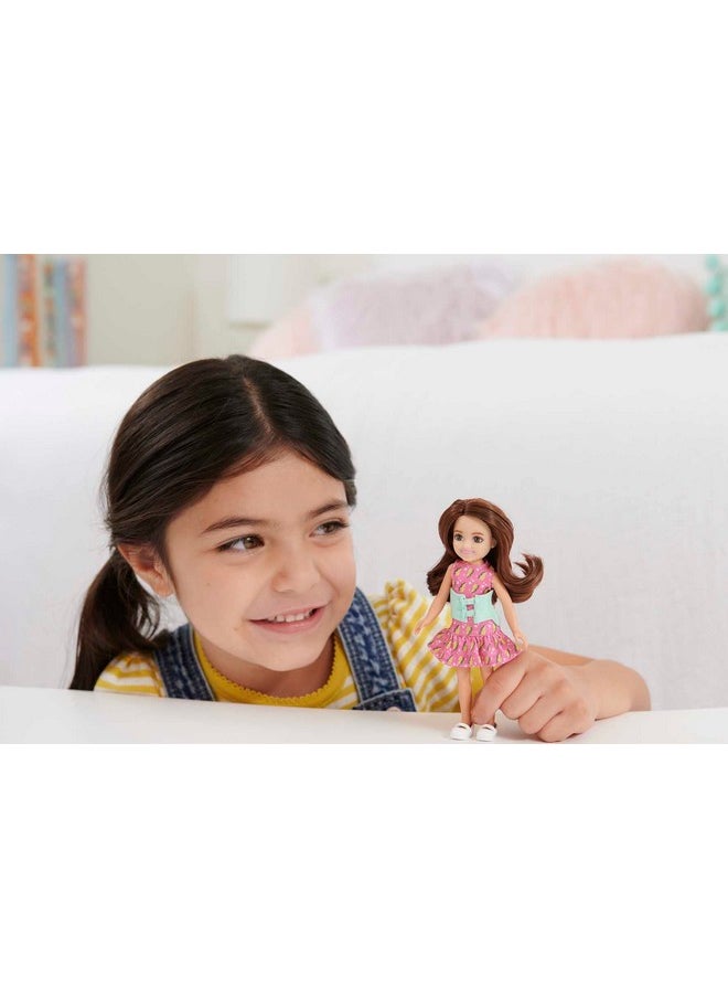Barbie Chelsea Doll Small Doll With Brace For Scoliosis Spine Curvature Brunette Wearing Pink Lightning Bolt Dress  - Image 3