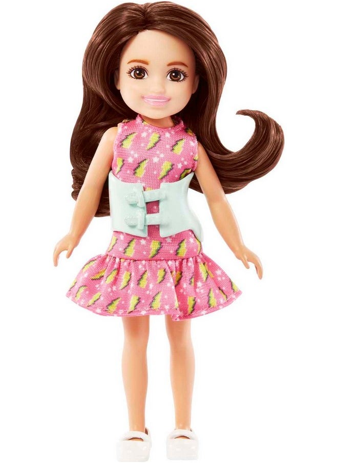 Barbie Chelsea Doll Small Doll With Brace For Scoliosis Spine Curvature Brunette Wearing Pink Lightning Bolt Dress  - Image 2