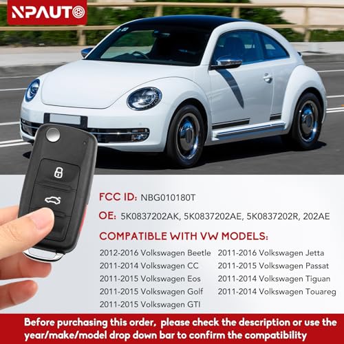 NPAUTO بديل مفتاح NPAUTO يناسب 2011-2016 فولكس فاجن جيتا، جولف، جي تي آي، إيوس، سي سي، باسات، توارغ، بيجل، مفتاح دخول بدون مفتاح للتحكم عن بعد لبدء السيارة، NBG010180T، 5K0837202AE/AK - Image 3
