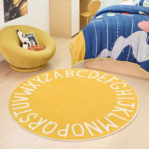 Topotdor Round Kids Play Rug Alphabet Nursery Area Rug Extra Large Soft Crawling Play Mat for Children Toddlers Bedroom (63 inch, Yellow) - Image 2