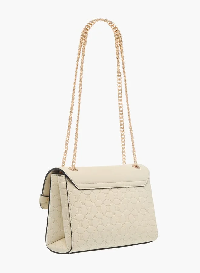 ELLE Womens Monogram Embossed Crossbody Bag With Chain Strap And Twist Lock Closure
