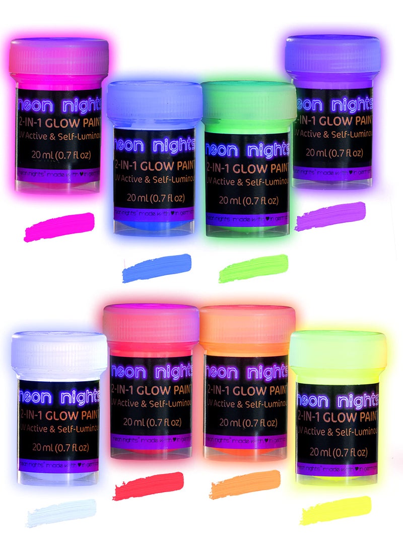 neon nights 2-IN-1 Glow In The Dark Acrylic Paint Set Glows in the Dark & under UV Blacklight - Set of 8 Self-Luminous Neon Paints for Halloween - German Premium Quality - 8 x 20 ml / - Image 1