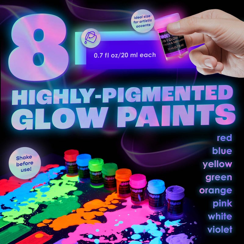 neon nights 2-IN-1 Glow In The Dark Acrylic Paint Set Glows in the Dark & under UV Blacklight - Set of 8 Self-Luminous Neon Paints for Halloween - German Premium Quality - 8 x 20 ml / - Image 2