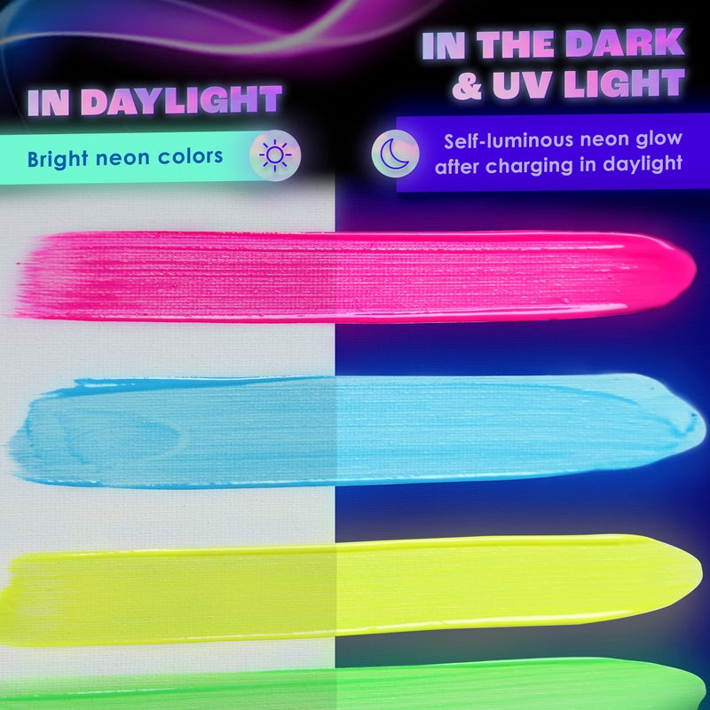 neon nights 2-IN-1 Glow In The Dark Acrylic Paint Set Glows in the Dark & under UV Blacklight - Set of 8 Self-Luminous Neon Paints for Halloween - German Premium Quality - 8 x 20 ml / - Image 4