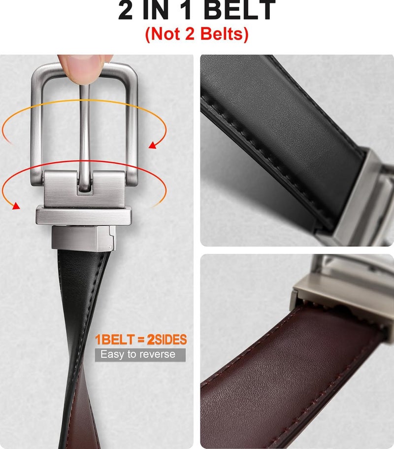 Contacts Men's Reversible Leather Belt – Grain Black & Brown 2-in-1 Dress Belt with Rotating Pin Buckle – Classic, Durable & Adjustable for Business or Casual Wear - Image 4