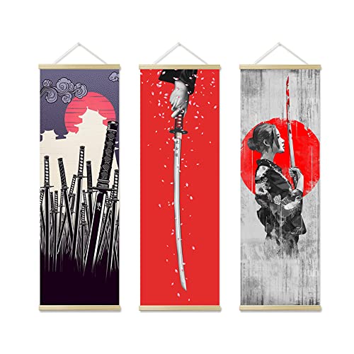 AWISBI 3PCS Japanese Wall Sword Decor, Wall Art, Home Decor for Bedroom, Samurai Armor Warrior Canvas Decorations With Scroll Wood Framed, Sushi Restaurant Decor, 11'' x35'' - Image 1