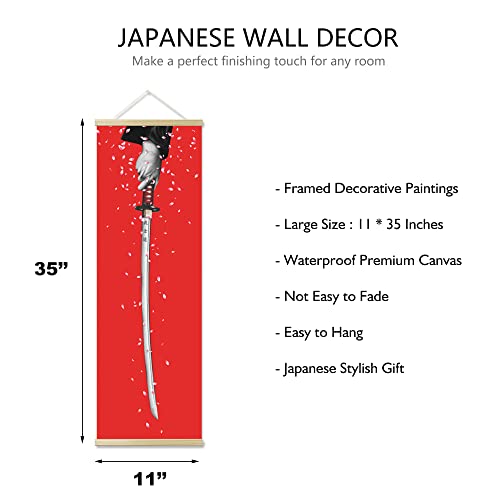 AWISBI 3PCS Japanese Wall Sword Decor, Wall Art, Home Decor for Bedroom, Samurai Armor Warrior Canvas Decorations With Scroll Wood Framed, Sushi Restaurant Decor, 11'' x35'' - Image 2