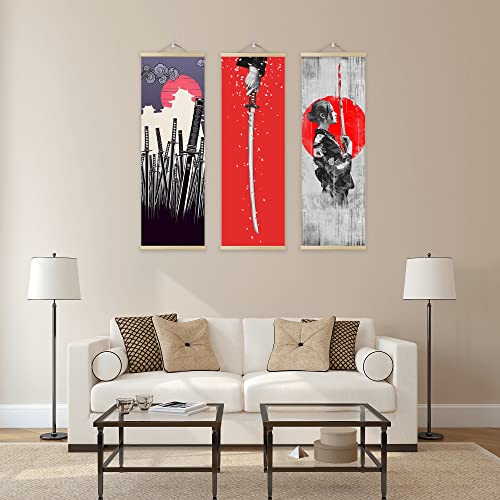 AWISBI 3PCS Japanese Wall Sword Decor, Wall Art, Home Decor for Bedroom, Samurai Armor Warrior Canvas Decorations With Scroll Wood Framed, Sushi Restaurant Decor, 11'' x35'' - Image 3