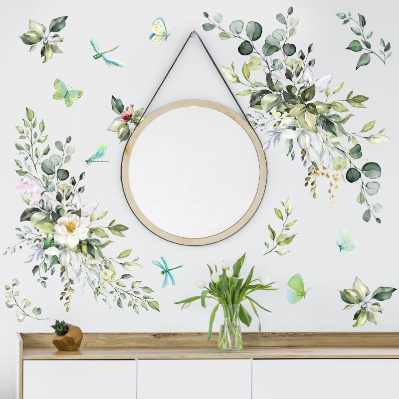Green Leaves Wall Decal Plant Peel and Stick Rustic Vines Art Murals Butterflies Flower Sticker Boho Hanging Leaves Stickers for Living Room Bedroom Bathroom Nursery Decor