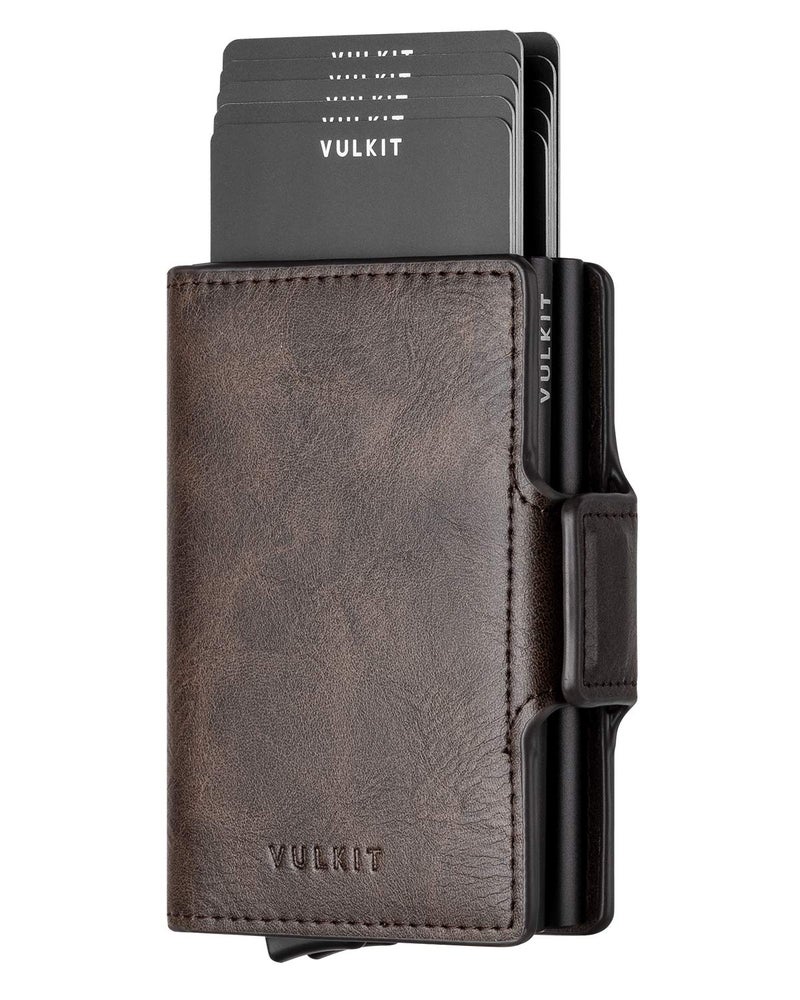 VULKIT VULKIT Credit Card Holder RFID Blocking Leather Automatic Pop Up Wallet Magnetic Wallet Double Card Case for Men and Women Espresso  - Image 1