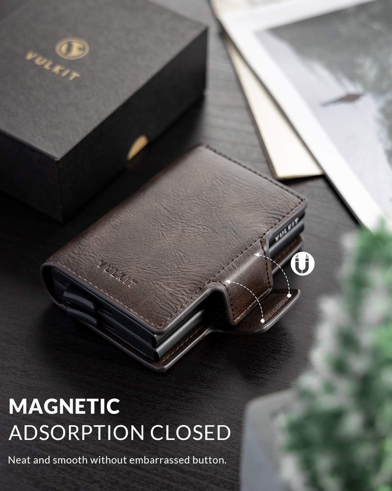 VULKIT VULKIT Credit Card Holder RFID Blocking Leather Automatic Pop Up Wallet Magnetic Wallet Double Card Case for Men and Women Espresso  - Image 5